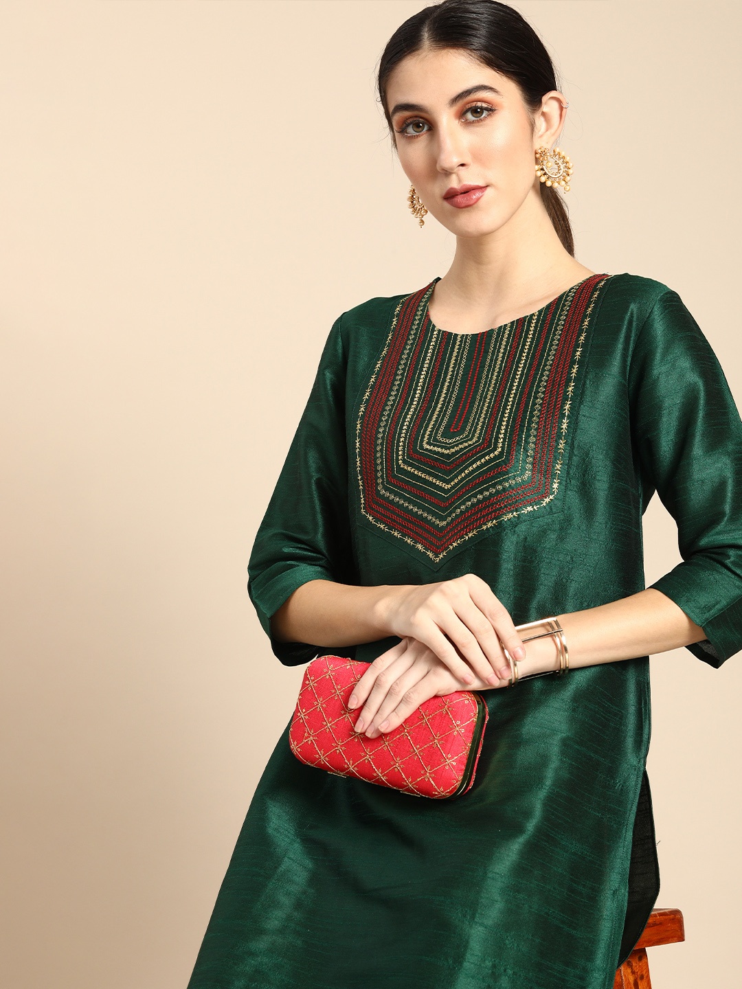 

Anouk Women Green Geometric Yoke Design Kurta