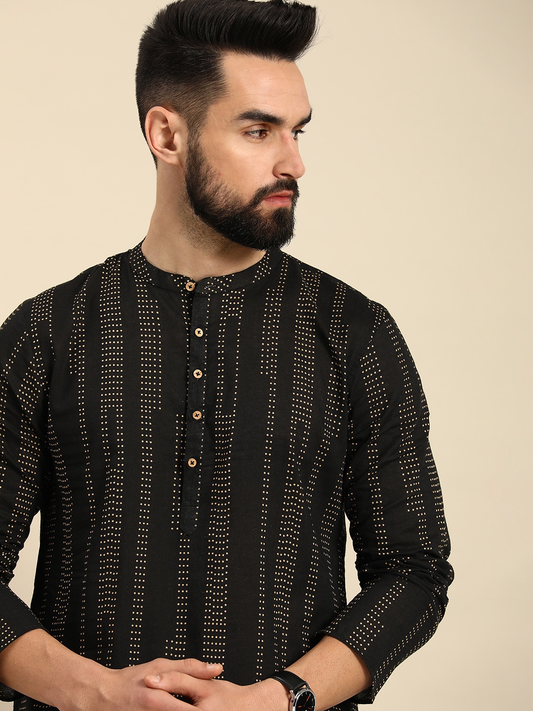 

Anouk Men Striped Pure Cotton Kurta, Black