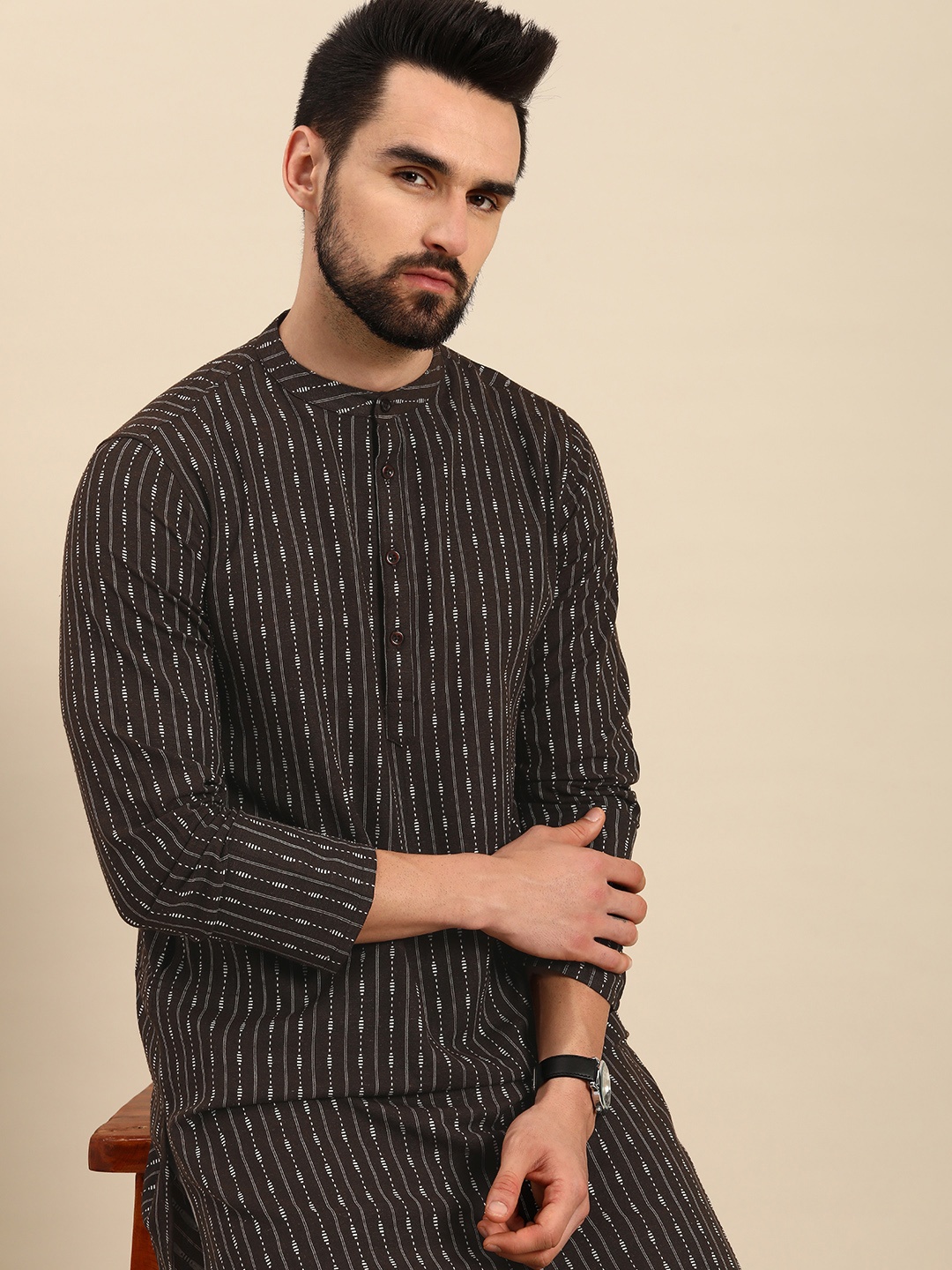 

Anouk Men Brown & White Striped Kurta