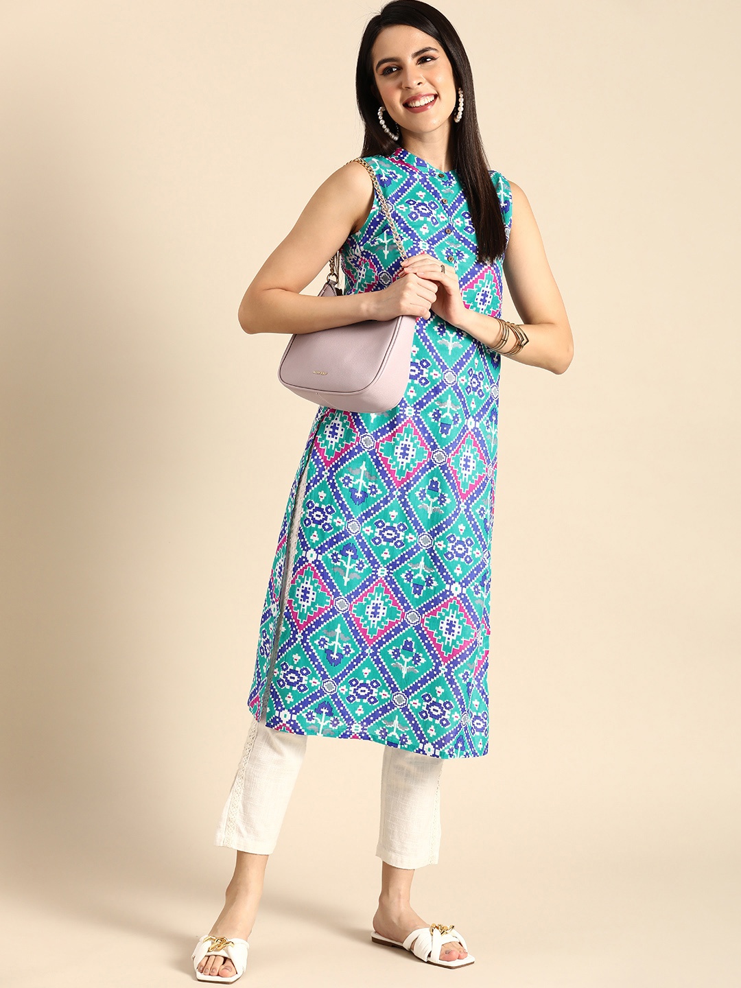 

Anouk Women Geometric Print Band Collar Pure Cotton Straight Kurta, Turquoise blue
