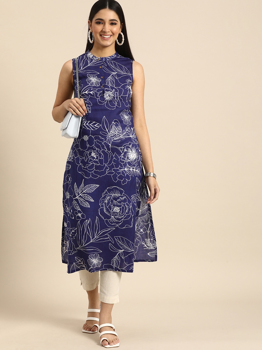 

Anouk Women Purple & White Floral Printed Pure Cotton Kurta