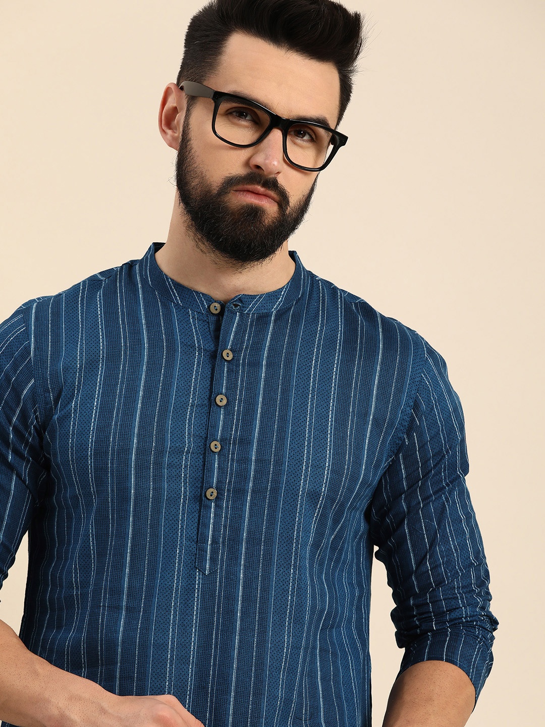 

Anouk Men Striped And Printed Pure Cotton Straight Kurta, Blue