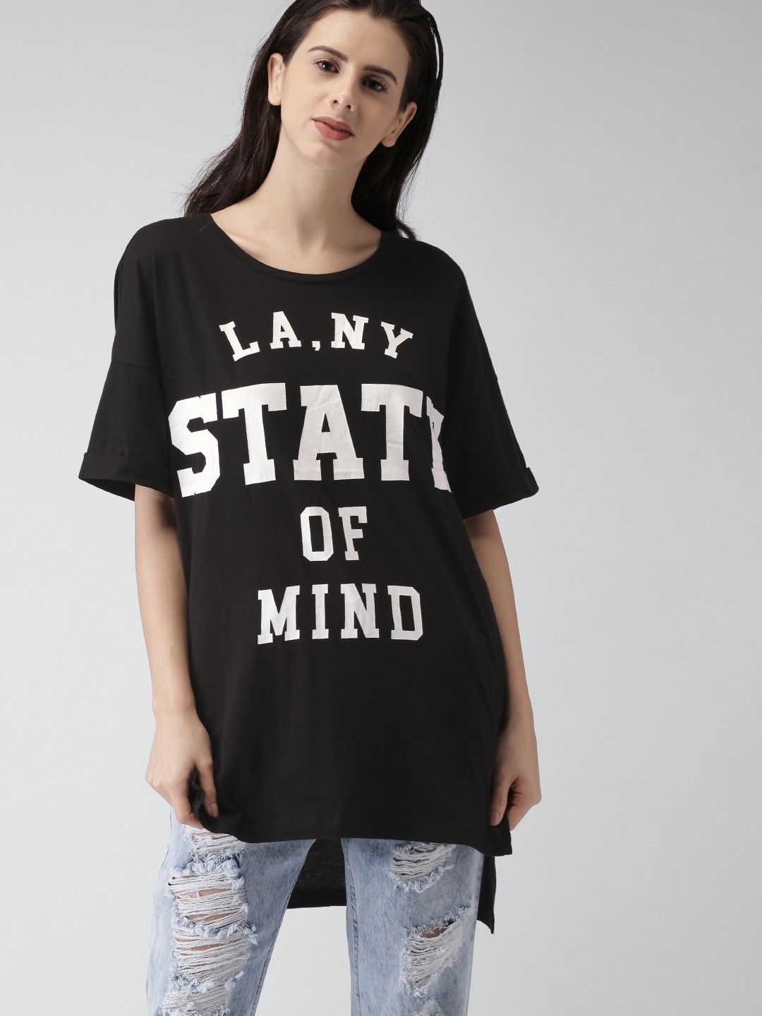 

FOREVER 21 Women Black Printed Round Neck T-Shirt