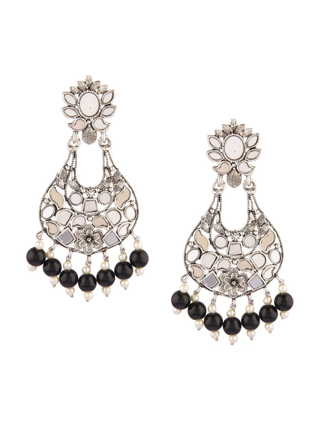 

Efulgenz Women Black Rhodium Plated Oval Faux Pearl Drop Dangle Chandbalis Earrings