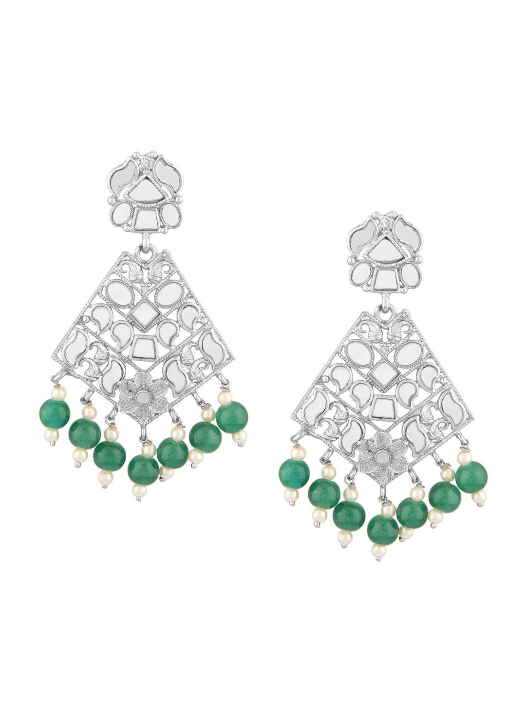 

Efulgenz Green & Silver-Toned Triangular Drop Earrings