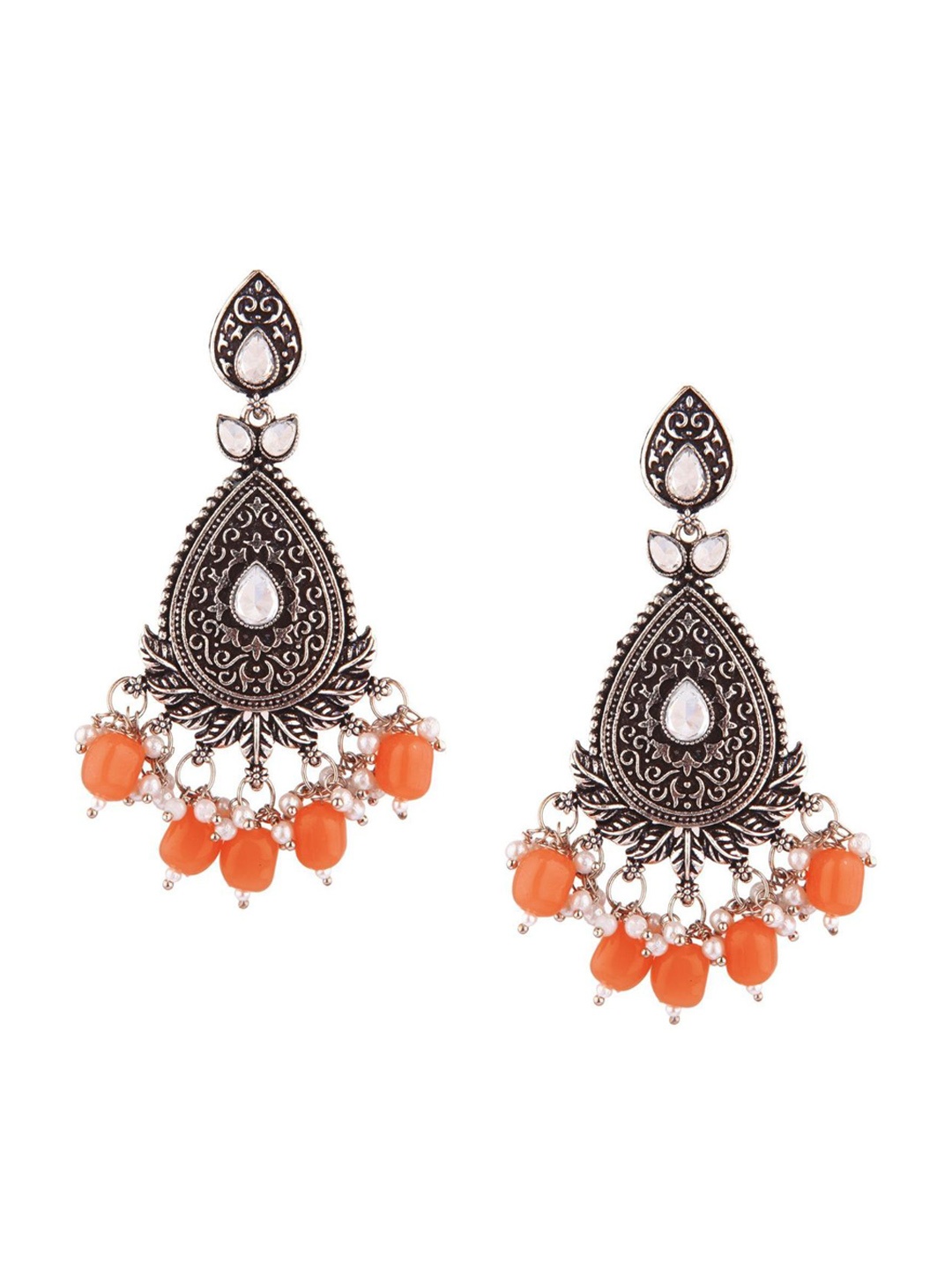 Efulgenz Orange Floral Rhodium-Plated Drop Earrings