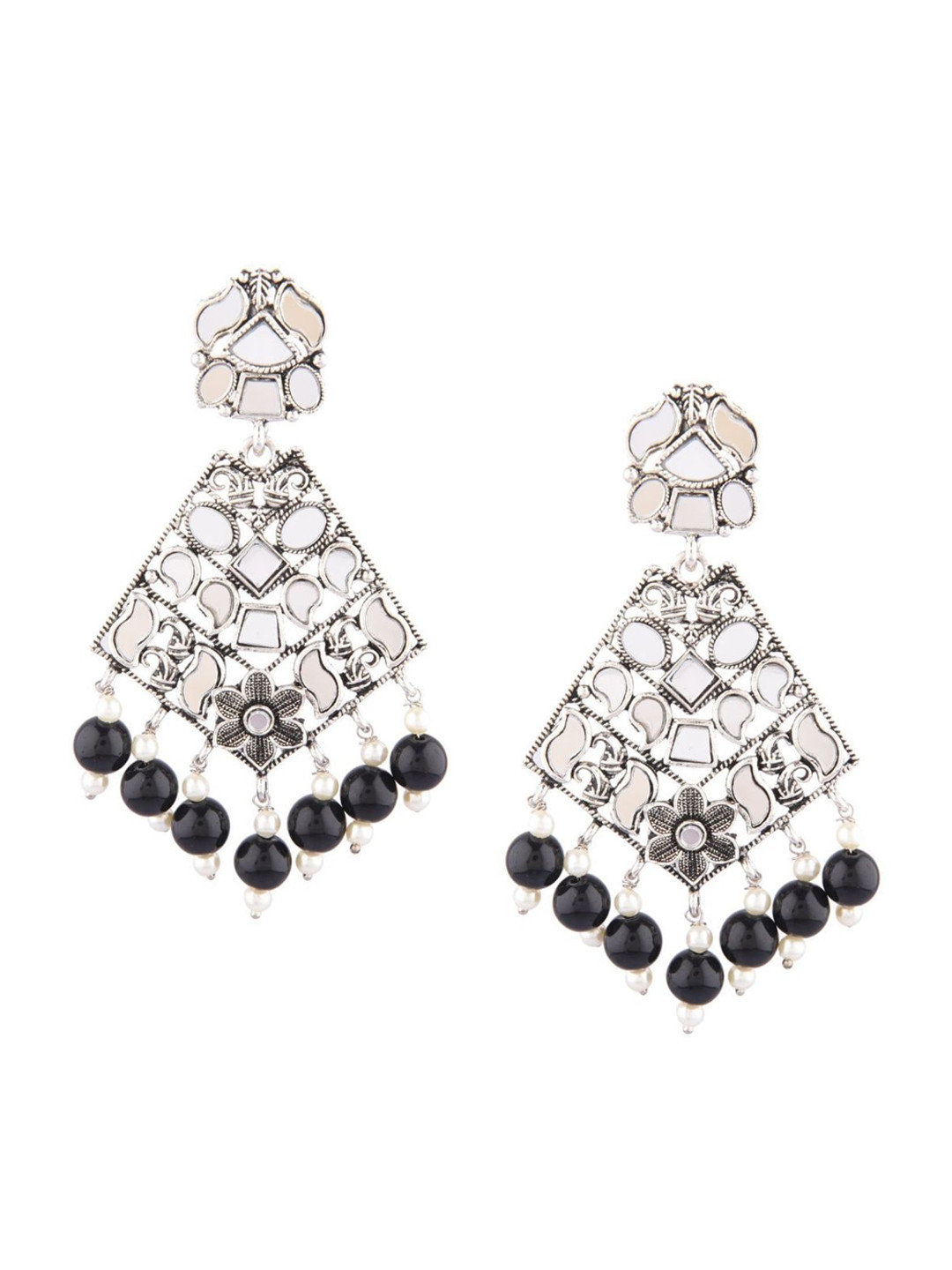 

Efulgenz Black Rhodium-Plated Crystals Triangular Drop Earrings