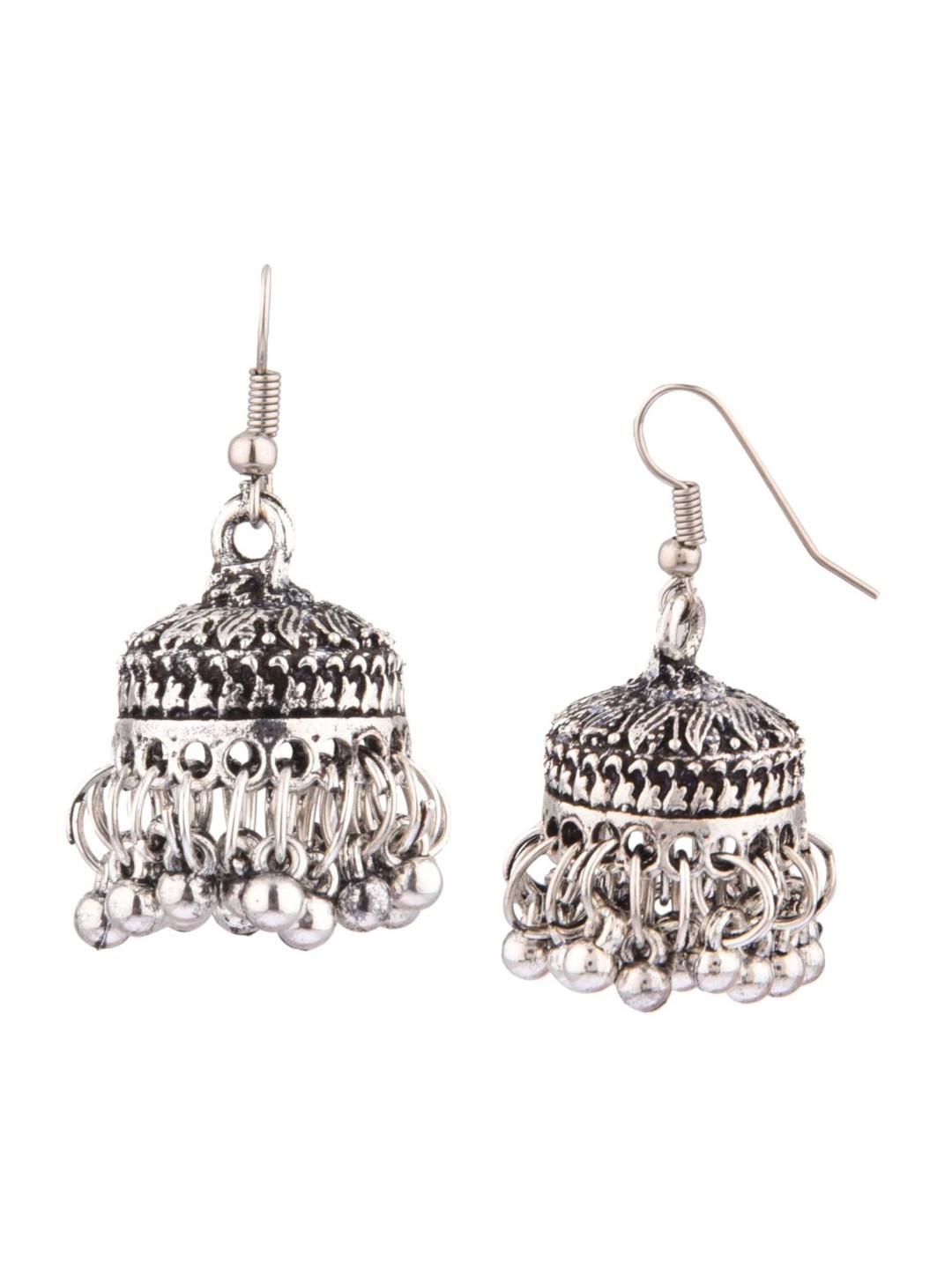 

Efulgenz Silver-Toned Dome Shaped Oxidised Jhumkas Earrings