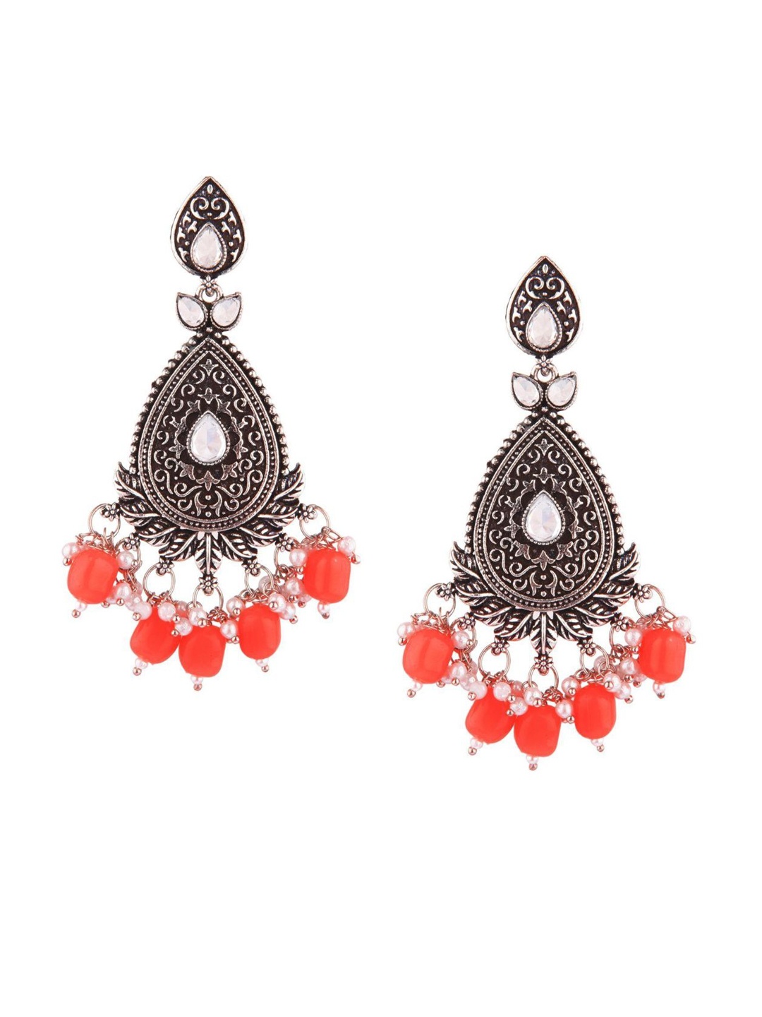 

Efulgenz Red & Silver-Plated Oxidised Floral Drop Earrings