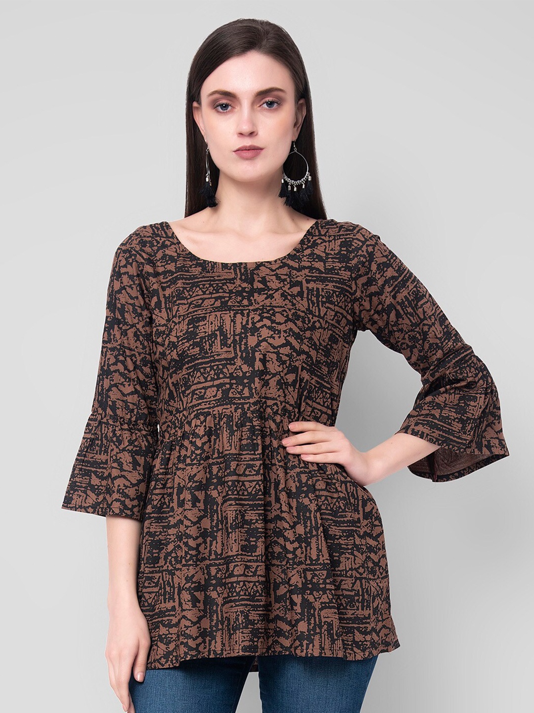 

KALINI Brown & Black Boat Neck Printed Tunic