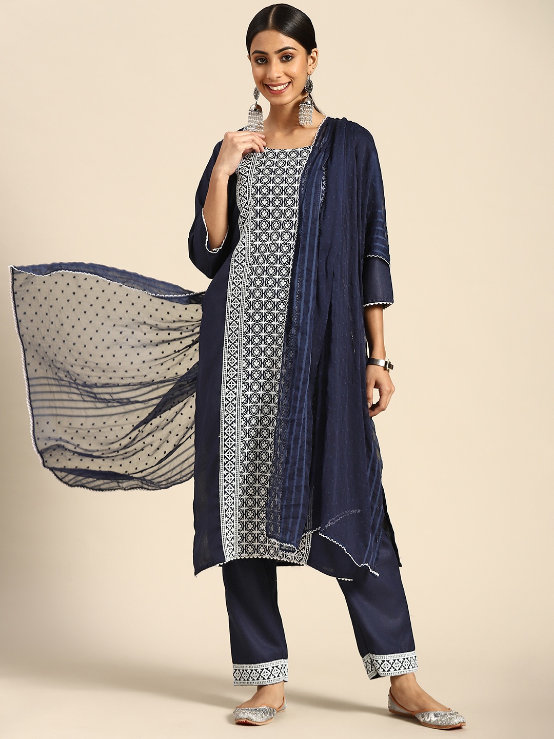 

Sangria Women Navy Blue & WhiteChikankari Kurta with Trousers & Dupatta