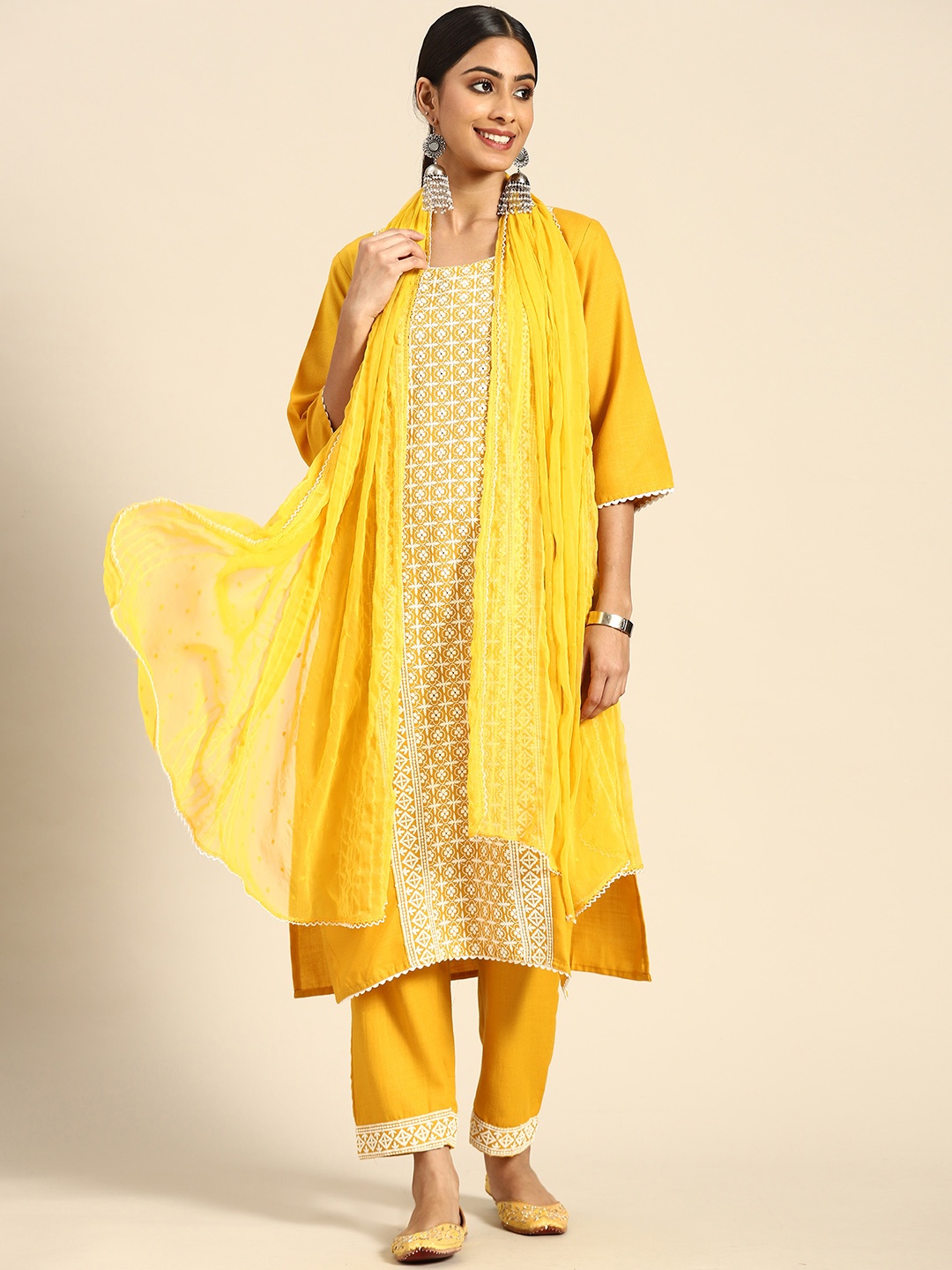 

Sangria Women Yellow & White Chikankari Kurta with Trousers & Dupatta