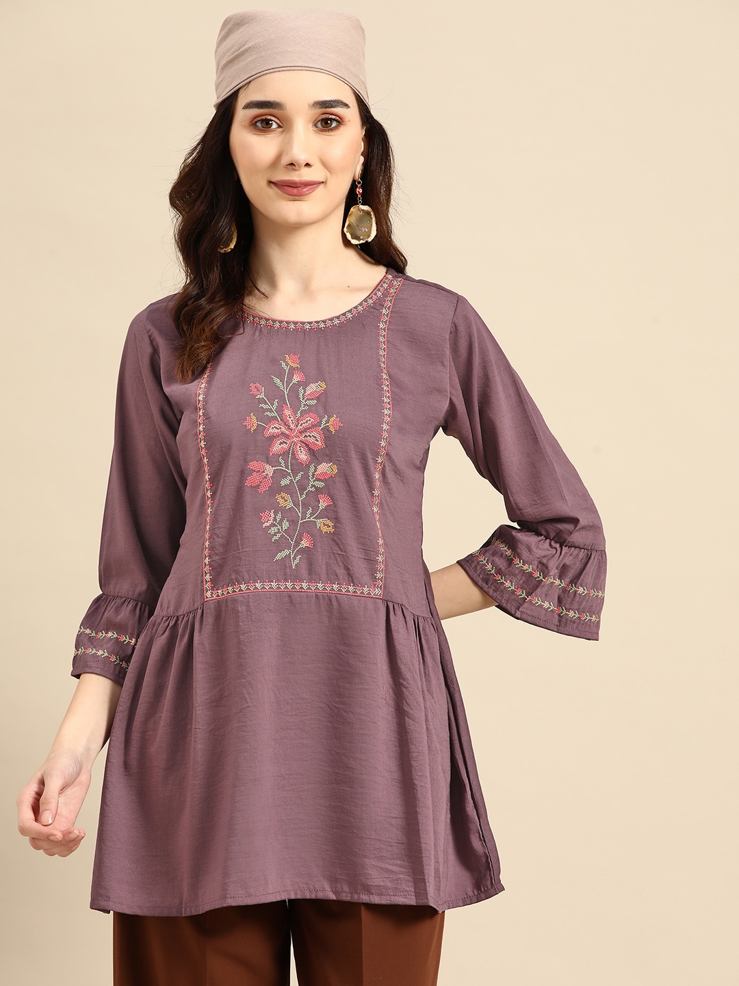 

Sangria Purple Embroidered Bell Sleeves Longline Top