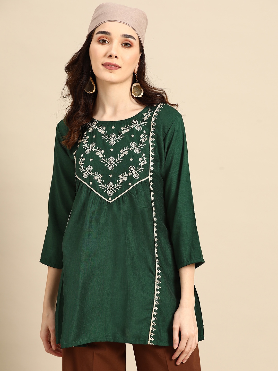 

Sangria Green Embroidered Longline Top