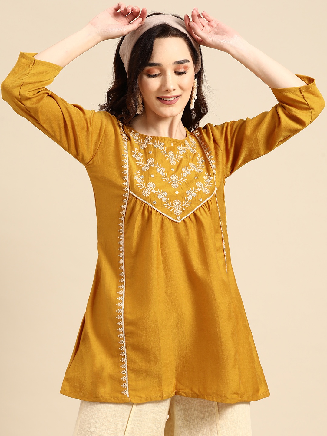 

Sangria Mustard Yellow Embroidered Longline Top