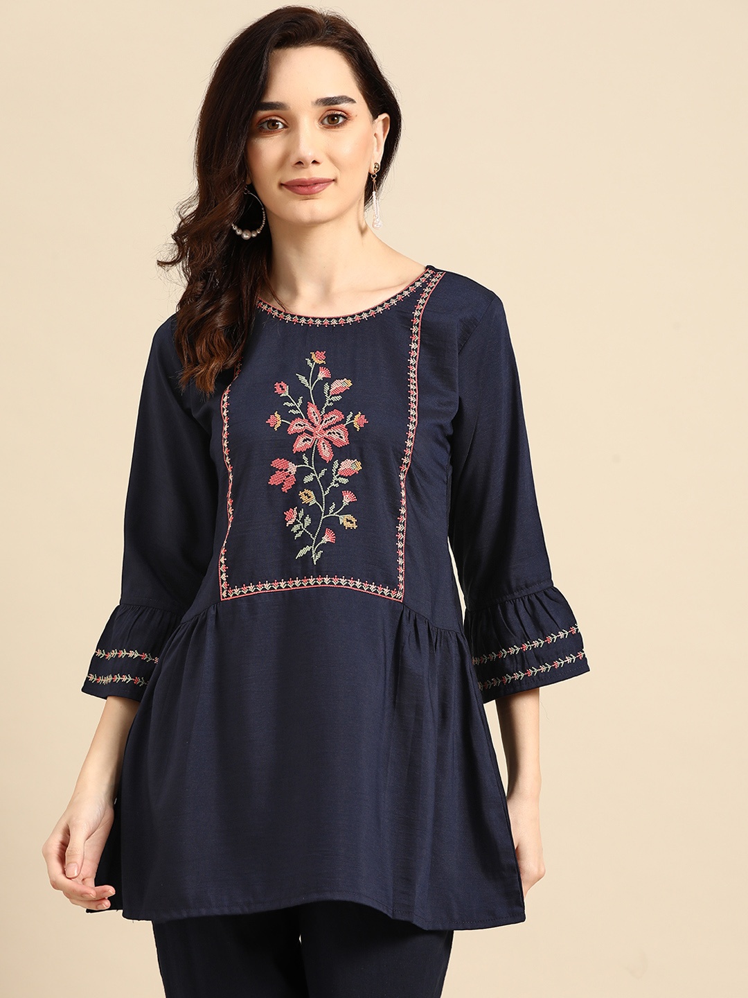 

Sangria Navy Blue Embroidered Bell Sleeves Longline Top