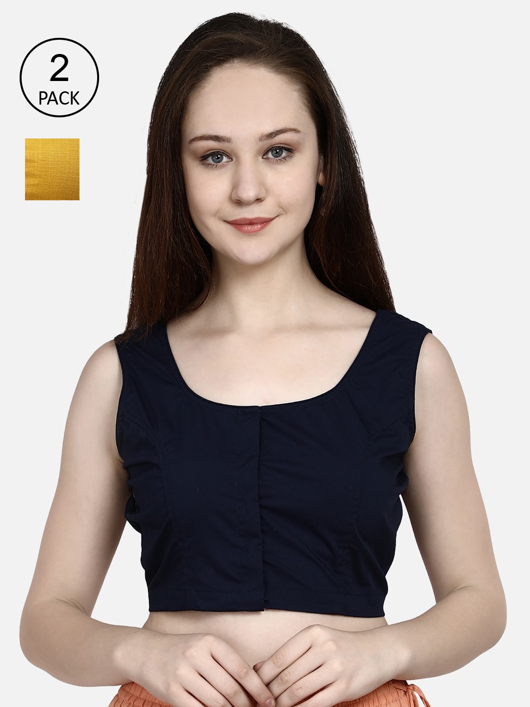 

Molcha Pack Of 2 Solid Pure Cotton Saree Blouse, Mustard