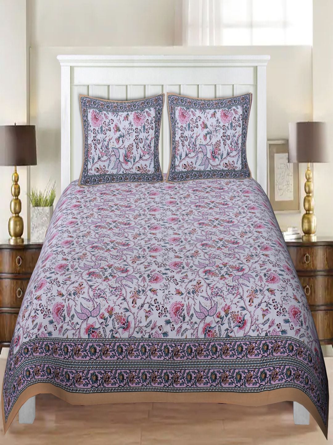 

INDHOME LIFE Blue & Pink Floral 220 TC King Bedsheet with 2 Pillow Covers