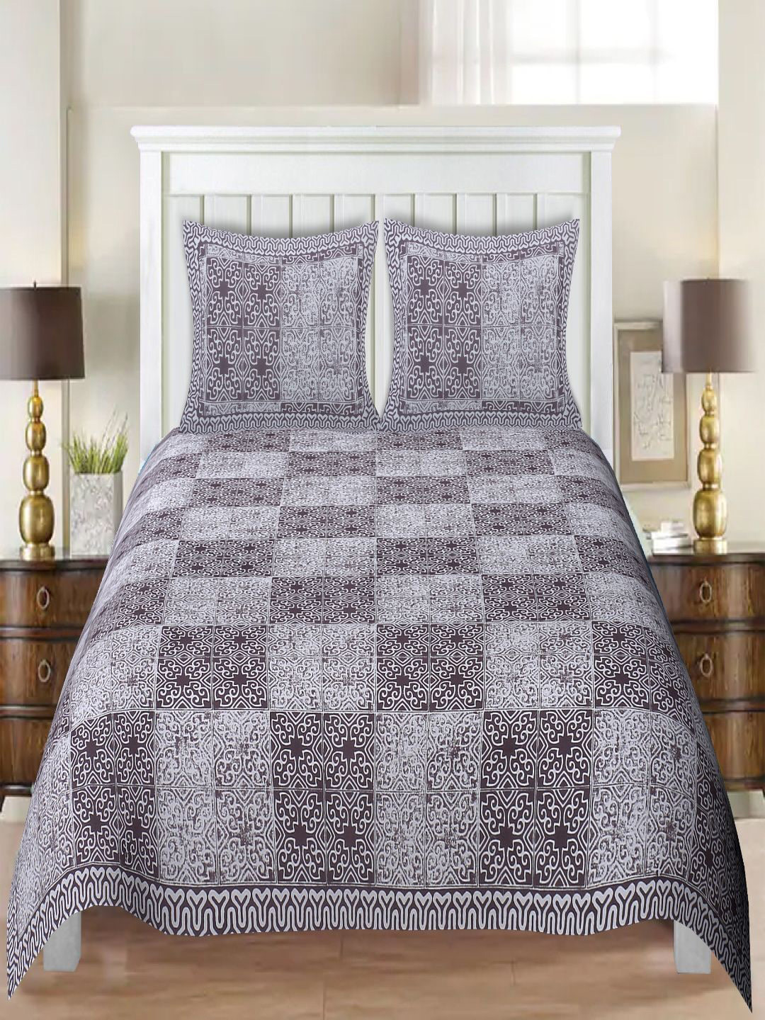 

INDHOME LIFE Grey Melange & White Geometric 220 TC King Bedsheet with 2 Pillow Covers