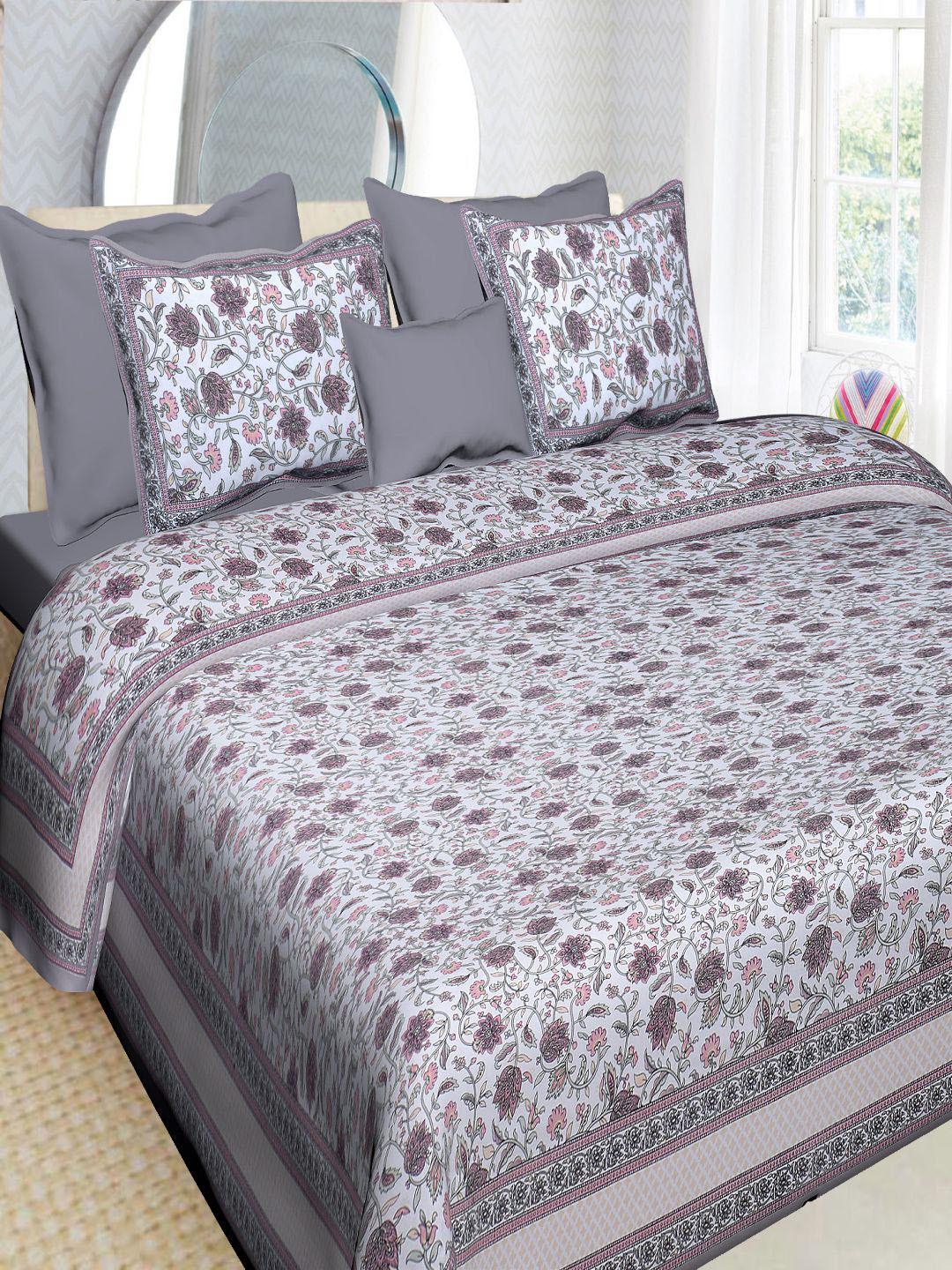 

INDHOME LIFE Grey Melange & Pink Floral 220 TC King Bedsheet with 2 Pillow Covers