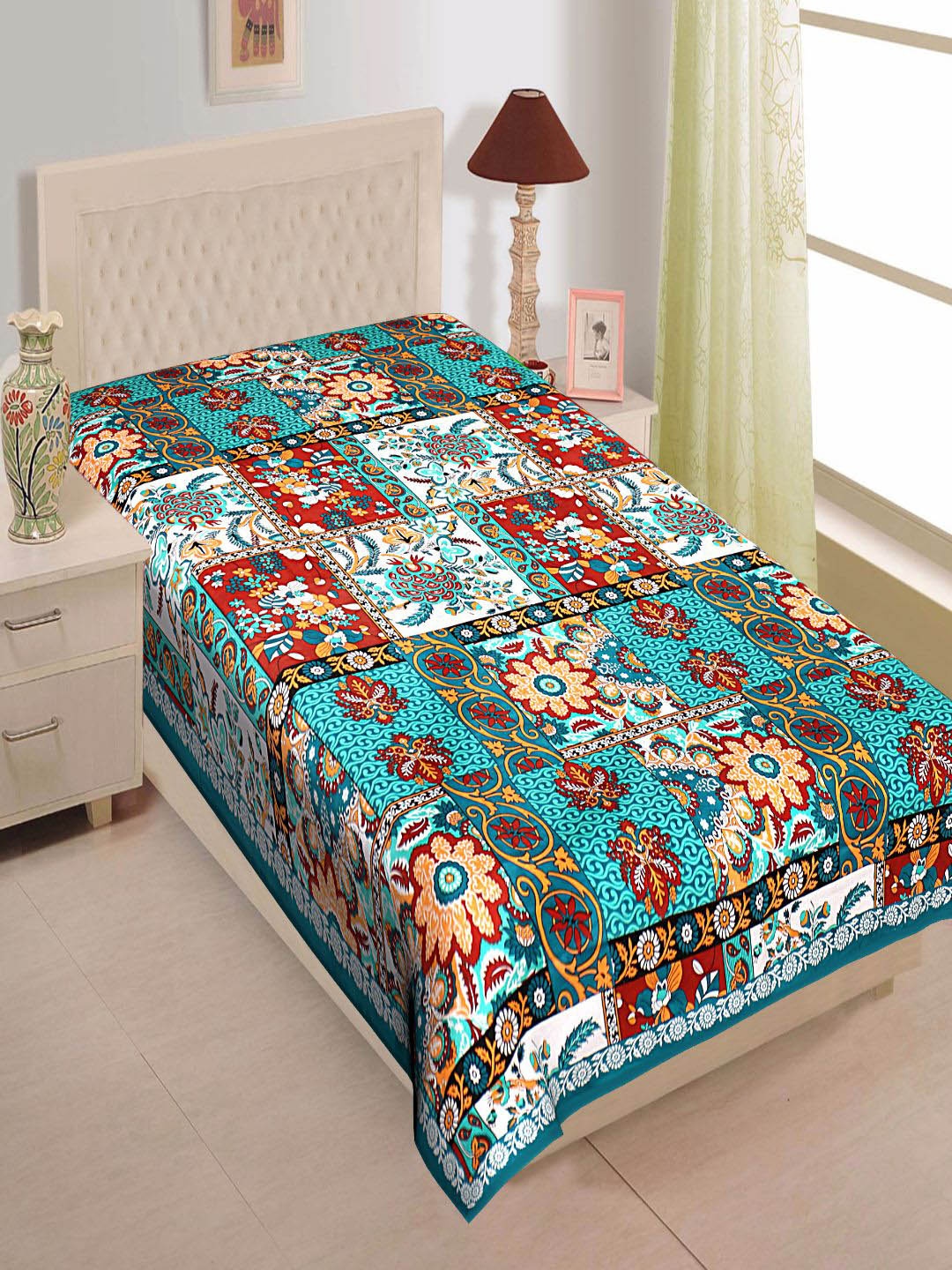 

INDHOME LIFE Green & White Floral 144 TC Single Bedsheet