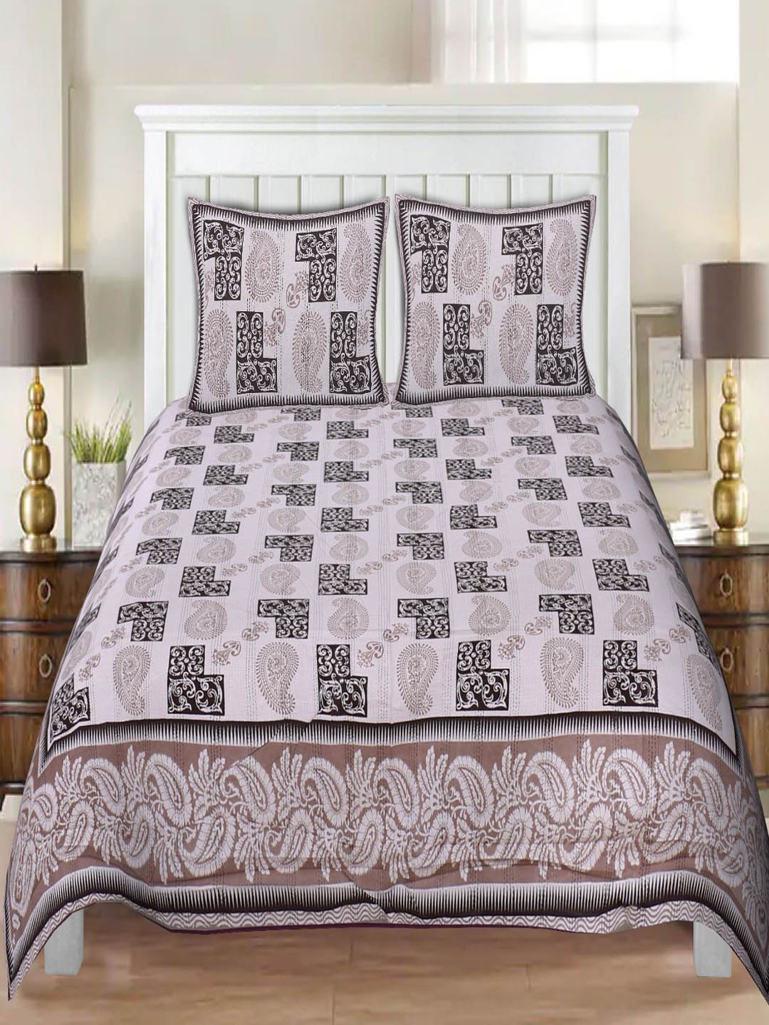 

INDHOME Life White Jaipuri Printed 100% Cotton King Size Double Bedsheet