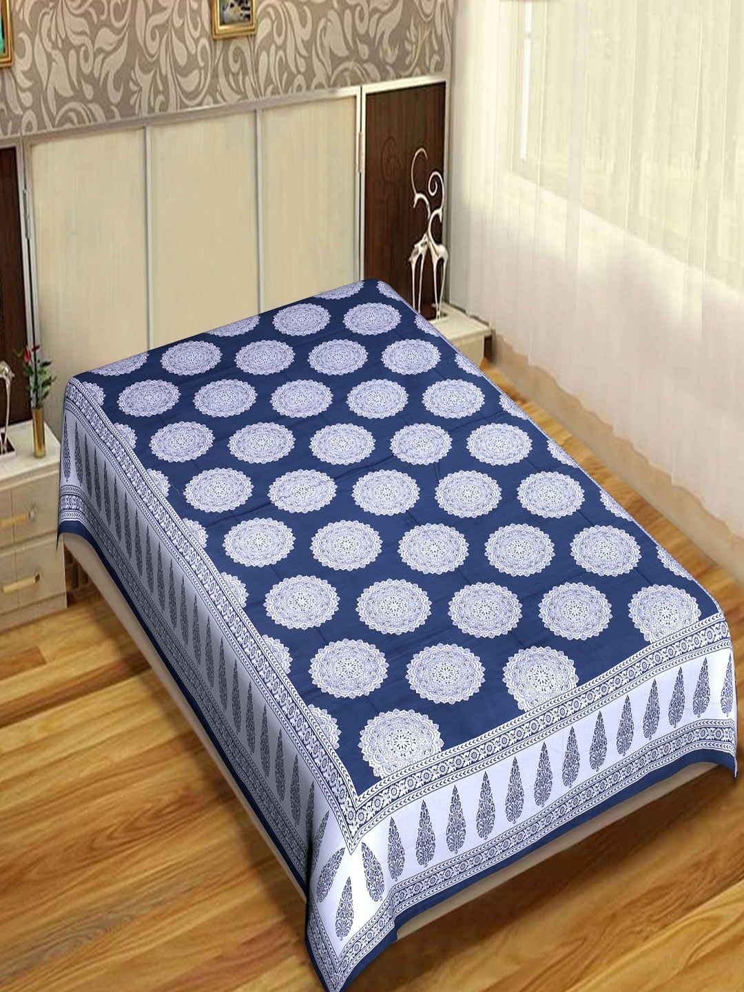 

INDHOME LIFE Unisex Blue Cotton 144 TC Jaipuri Print Single Bedsheet