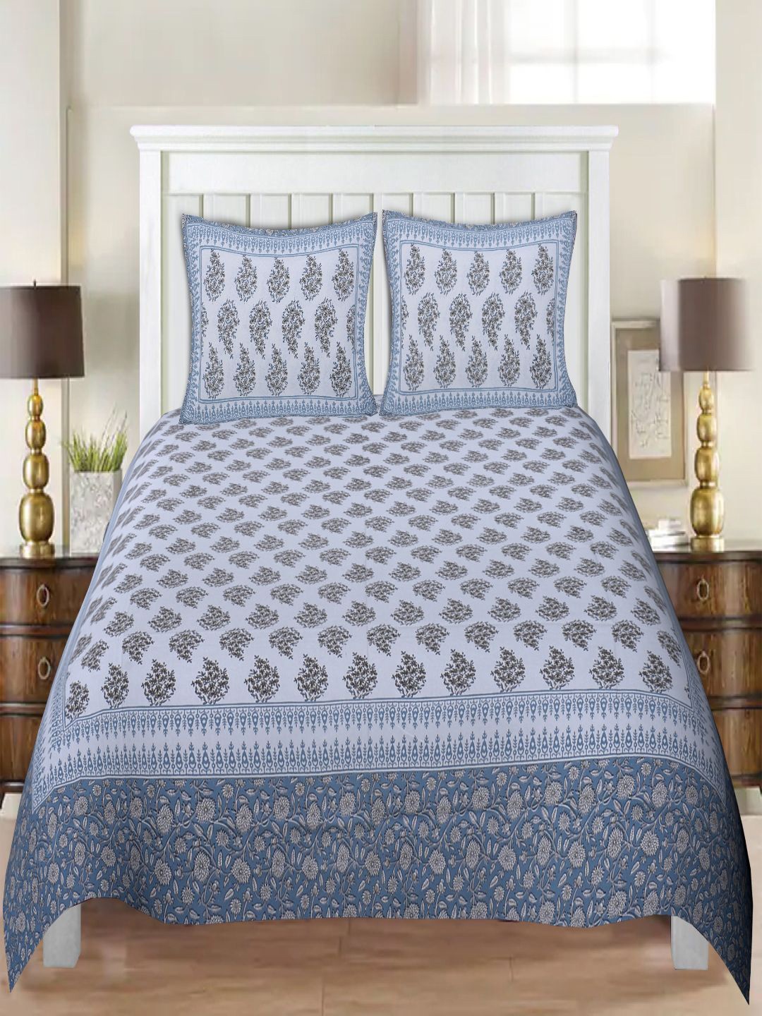 

INDHOME LIFE Unisex Blue Cotton TC 220 Jaipuri Print King Size Bedsheet & 2 Pillow Cover.