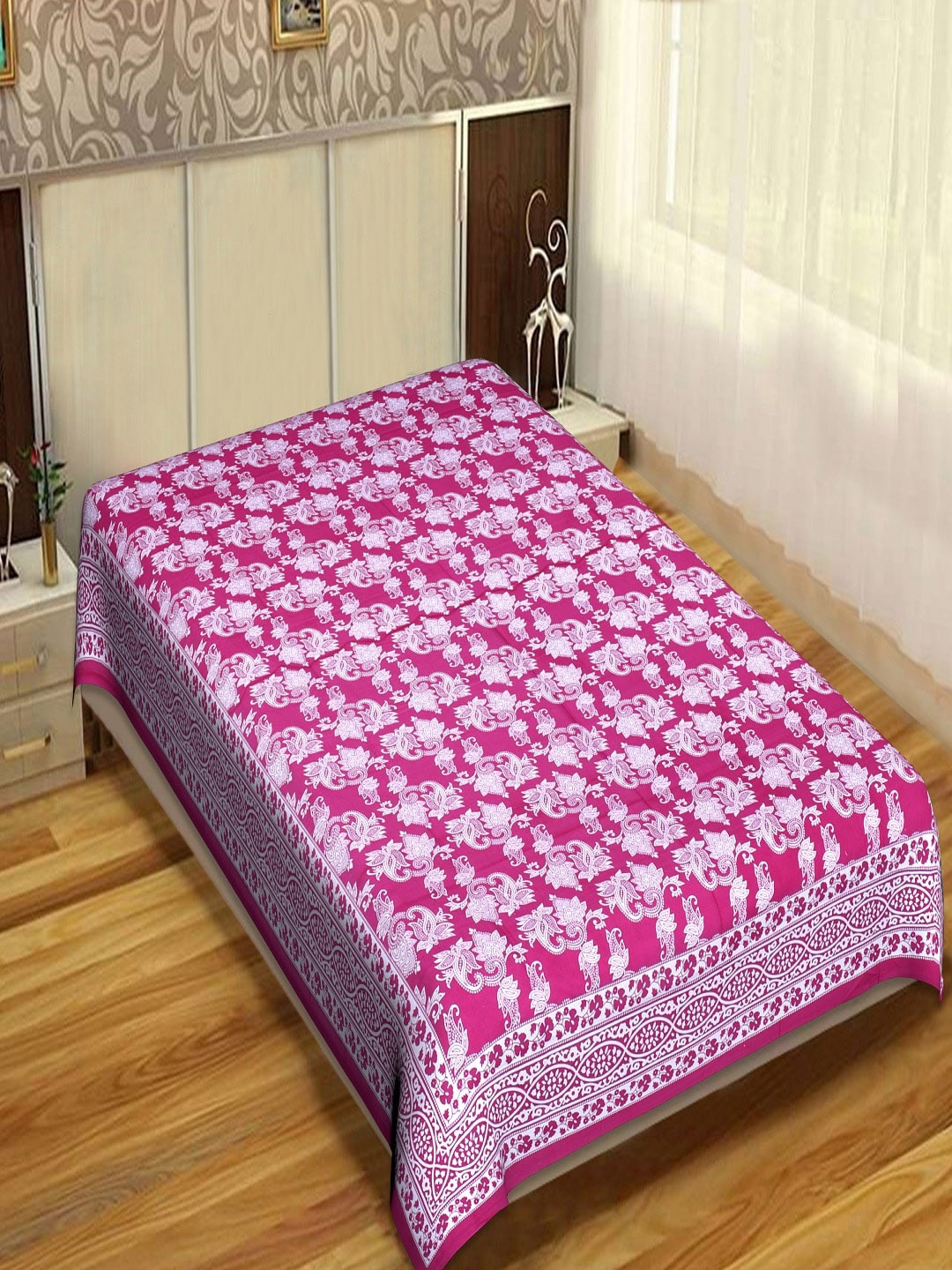 

INDHOME LIFE Unisex Pink Cotton 144 TC Jaipuri Print Single Bedsheet