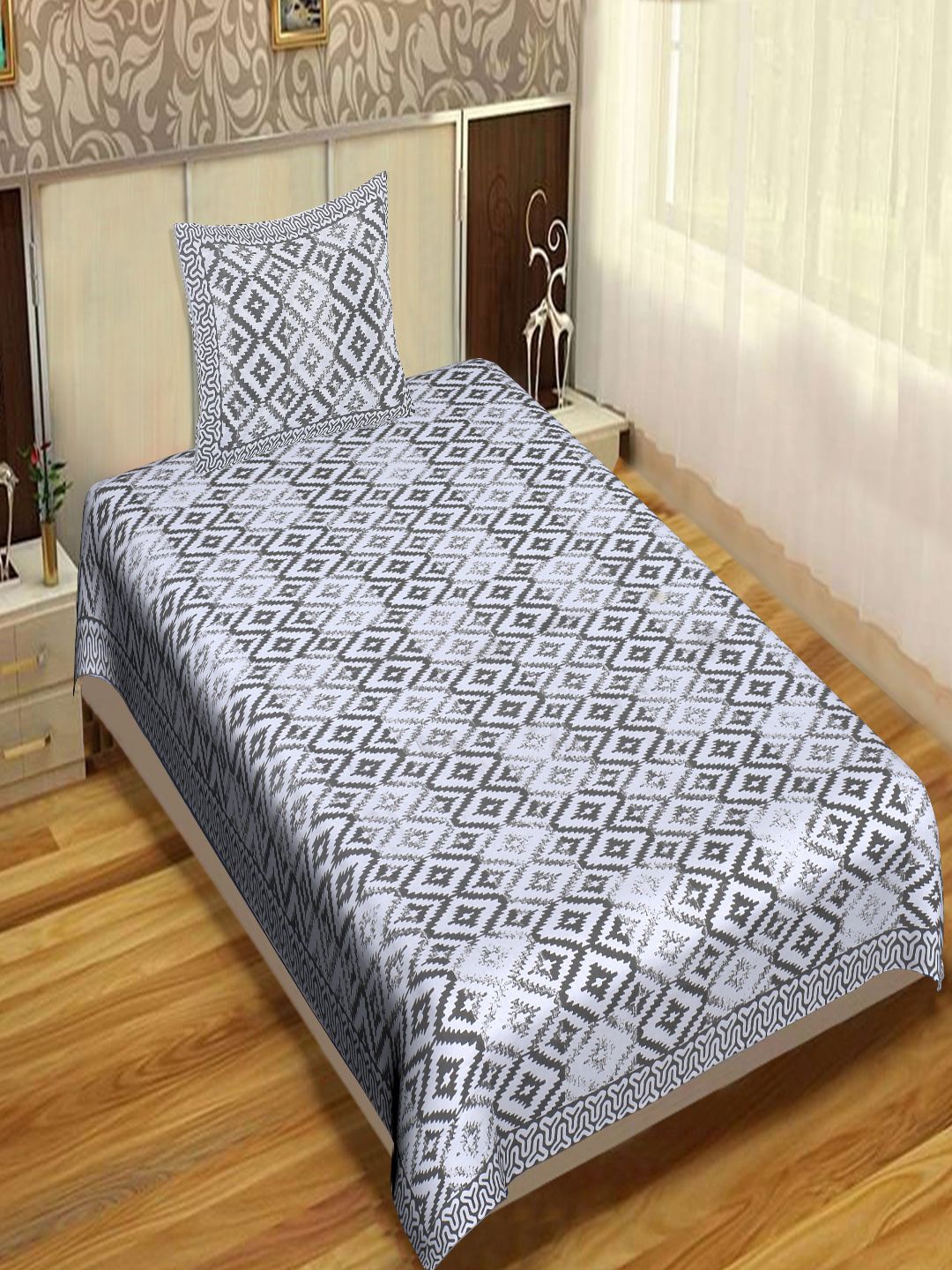 

INDHOME LIFE Adults Grey & Off White 220 TC Cotton Print Single Bedsheet & 1 Pillow Cover