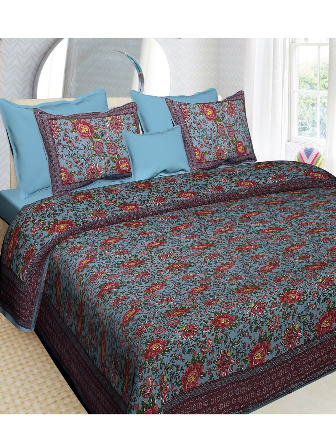 

INDHOME LIFE Unisex Blue, Marron 220 TC Fine King Size Double Bedsheet & 2 Pillow Covers