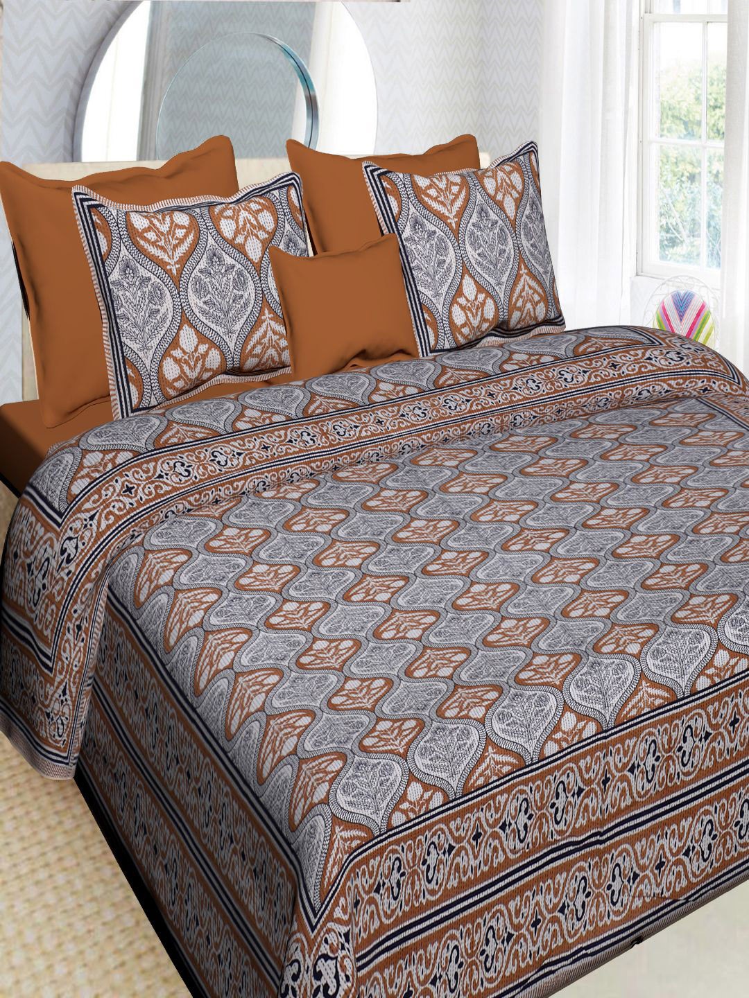 

INDHOME LIFE Grey & Brown Floral 220 TC King Bedsheet with 2 Pillow Covers