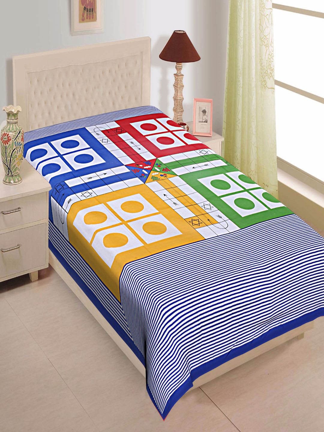 

INDHOME LIFE Blue & Yellow Geometric 144 TC Single Bedsheet