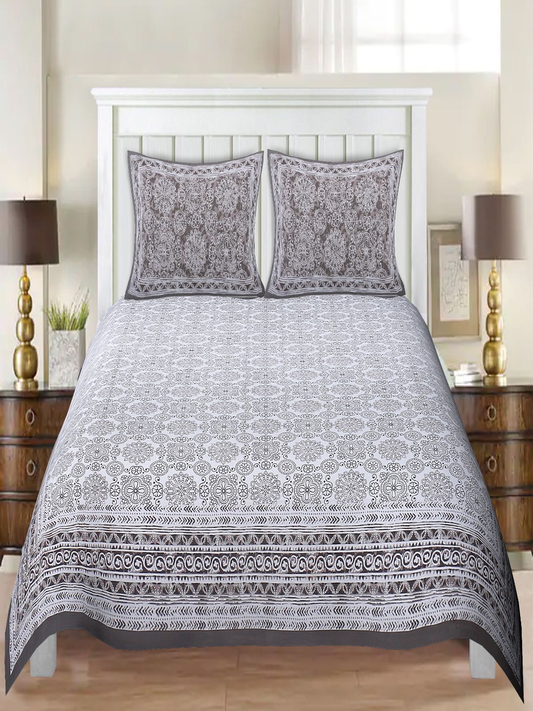 

INDHOME LIFE Grey Ethnic Motifs 220 TC King Bedsheet with 2 Pillow Covers