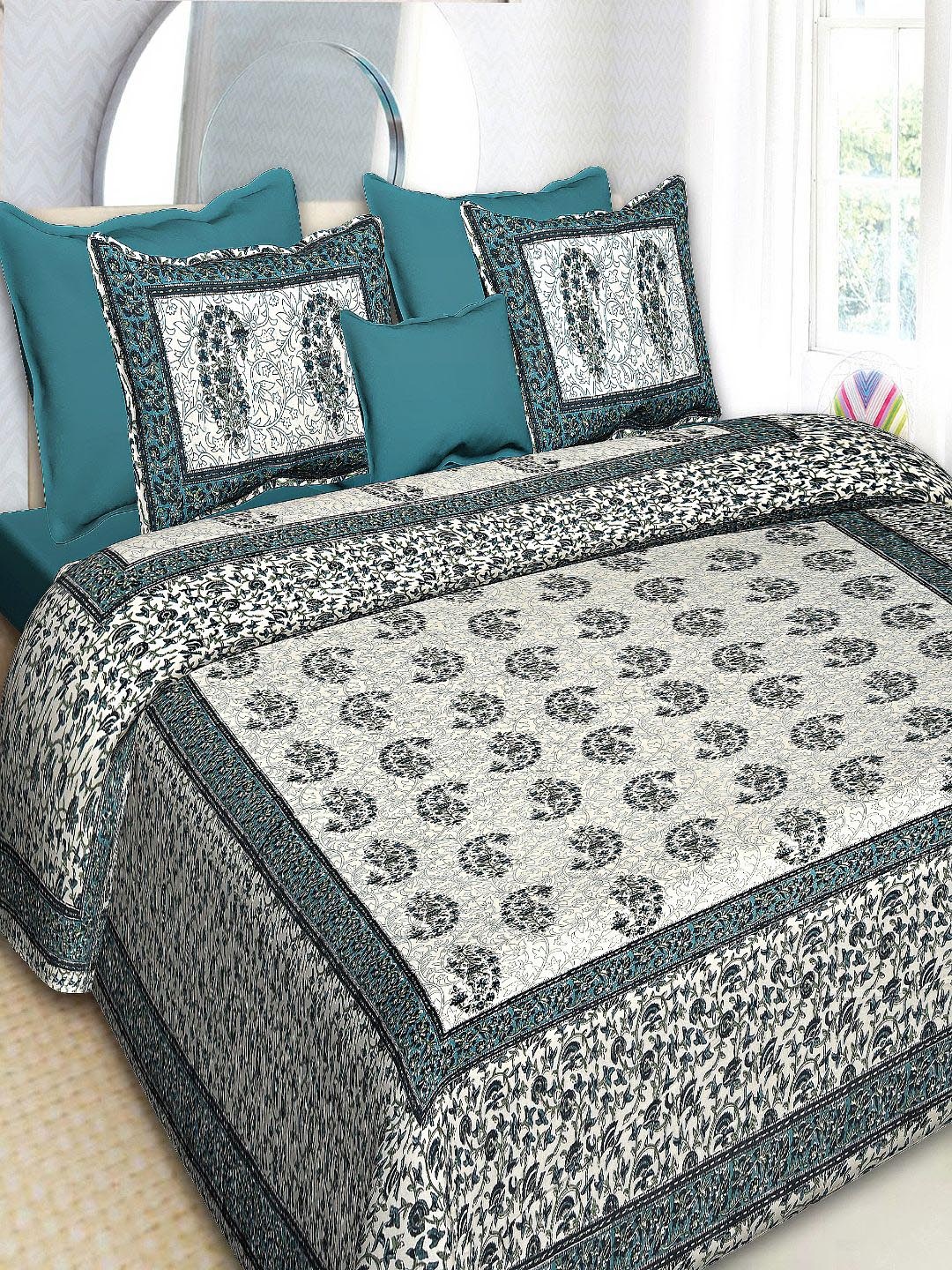 

INDHOME LIFE White & Black Ethnic Motifs 220 TC King Bedsheet with 2 Pillow Covers