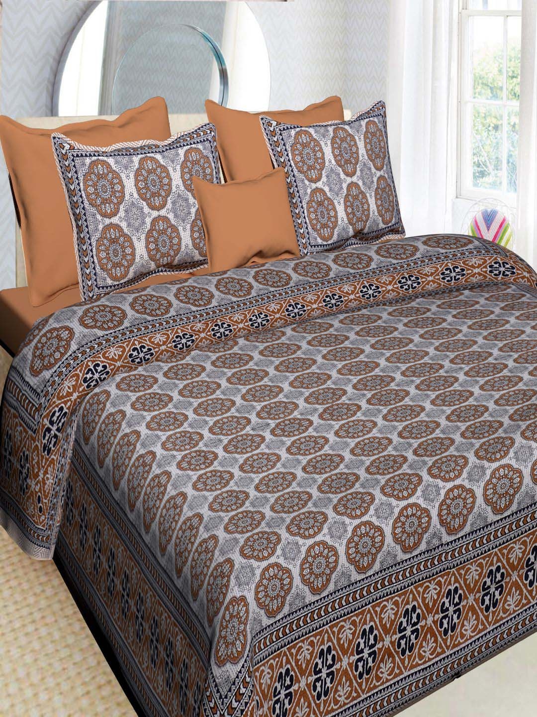

INDHOME LIFE Brown & White Ethnic Motifs 220 TC King Bedsheet with 2 Pillow Covers
