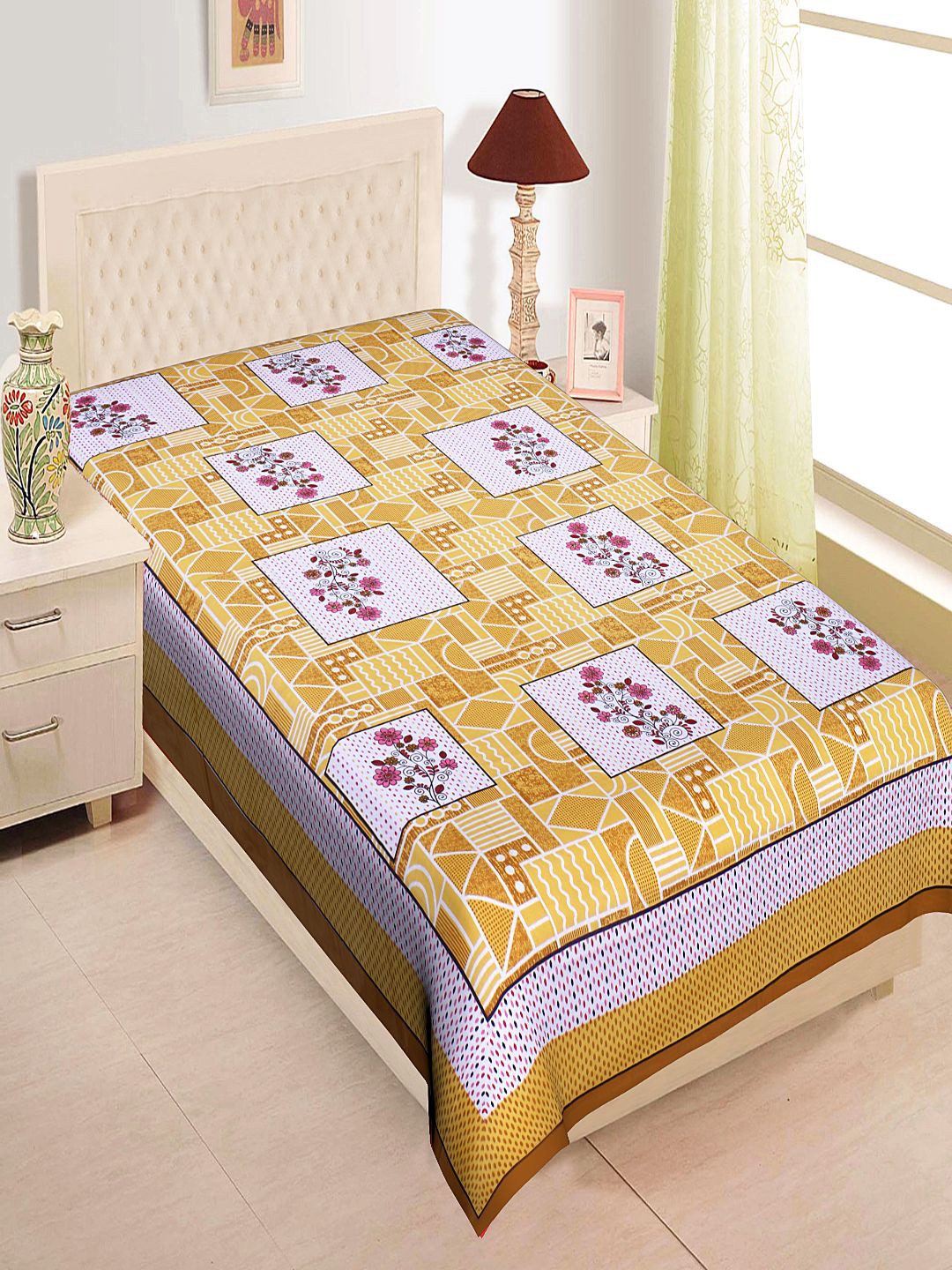 

INDHOME LIFE Mustard & White Floral 144 TC 100% Cotton Single Bedsheet