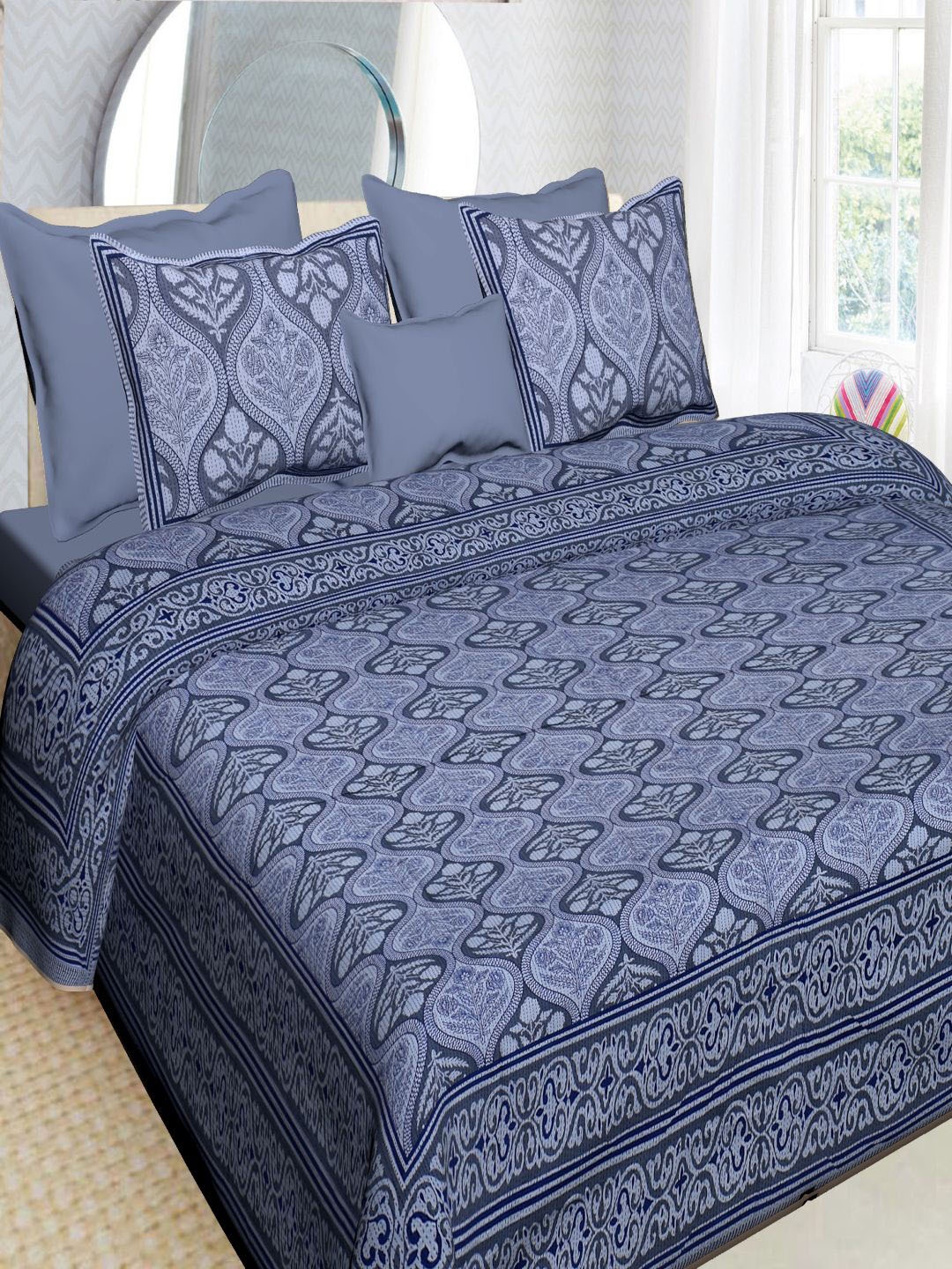 

INDHOME LIFE Grey & Black Floral 220 TC 100% Cotton King Bedsheet with 2 Pillow Covers
