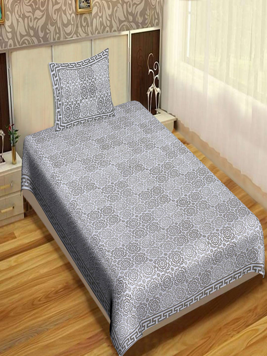

INDHOME LIFE Grey & Black Geometric 220 TC Single Bedsheet with 1 Pillow Covers