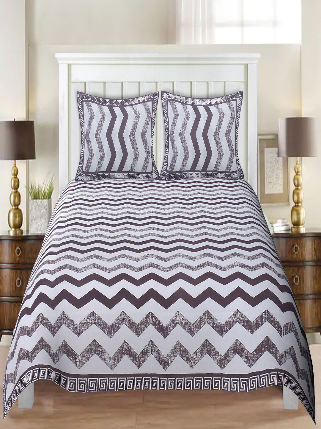 

INDHOME LIFE White & Brown Geometric 220 TC King Bedsheet with 2 Pillow Covers