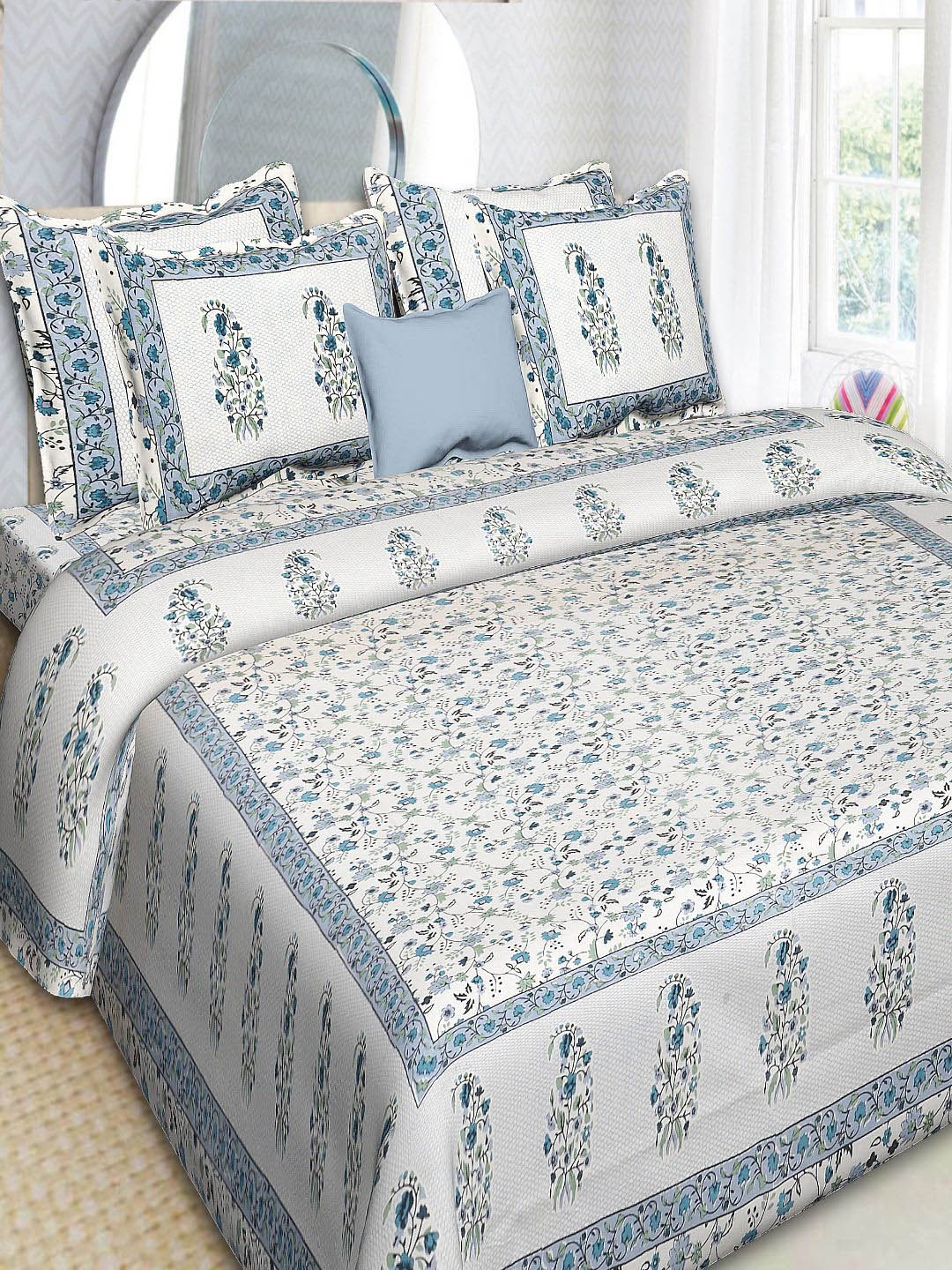

INDHOME LIFE Blue & White Floral 220 TC King Bedsheet with 2 Pillow Covers