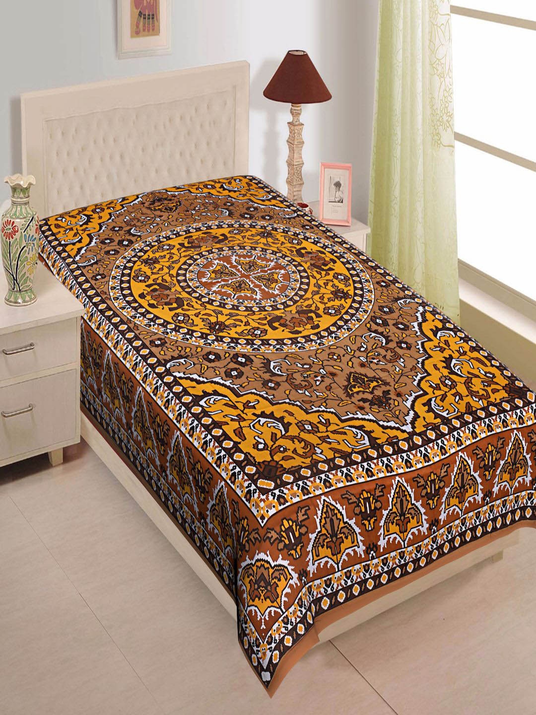 

INDHOME LIFE Brown & Mustard Ethnic Motifs 144 TC Single Bedsheet
