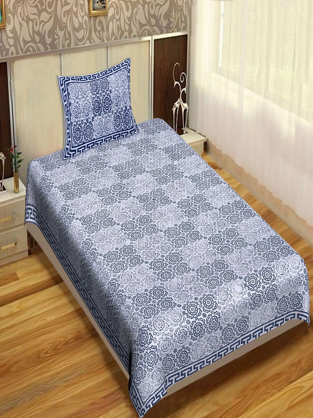 

INDHOME LIFE Blue & White Geometric 220 TC Single Bedsheet with 1 Pillow Cover
