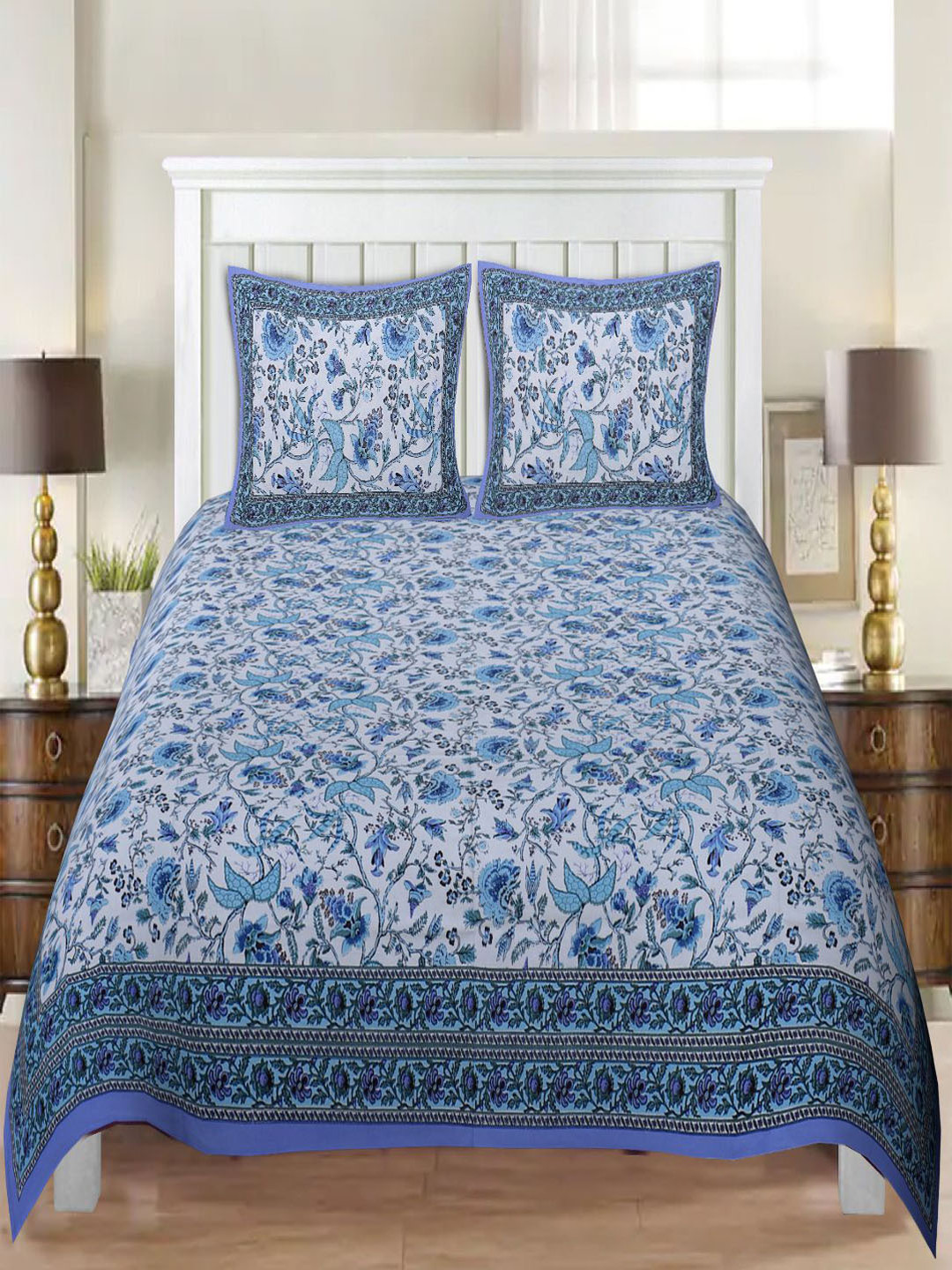 

INDHOME LIFE Blue & White Floral 220 TC King Bedsheet with 2 Pillow Covers