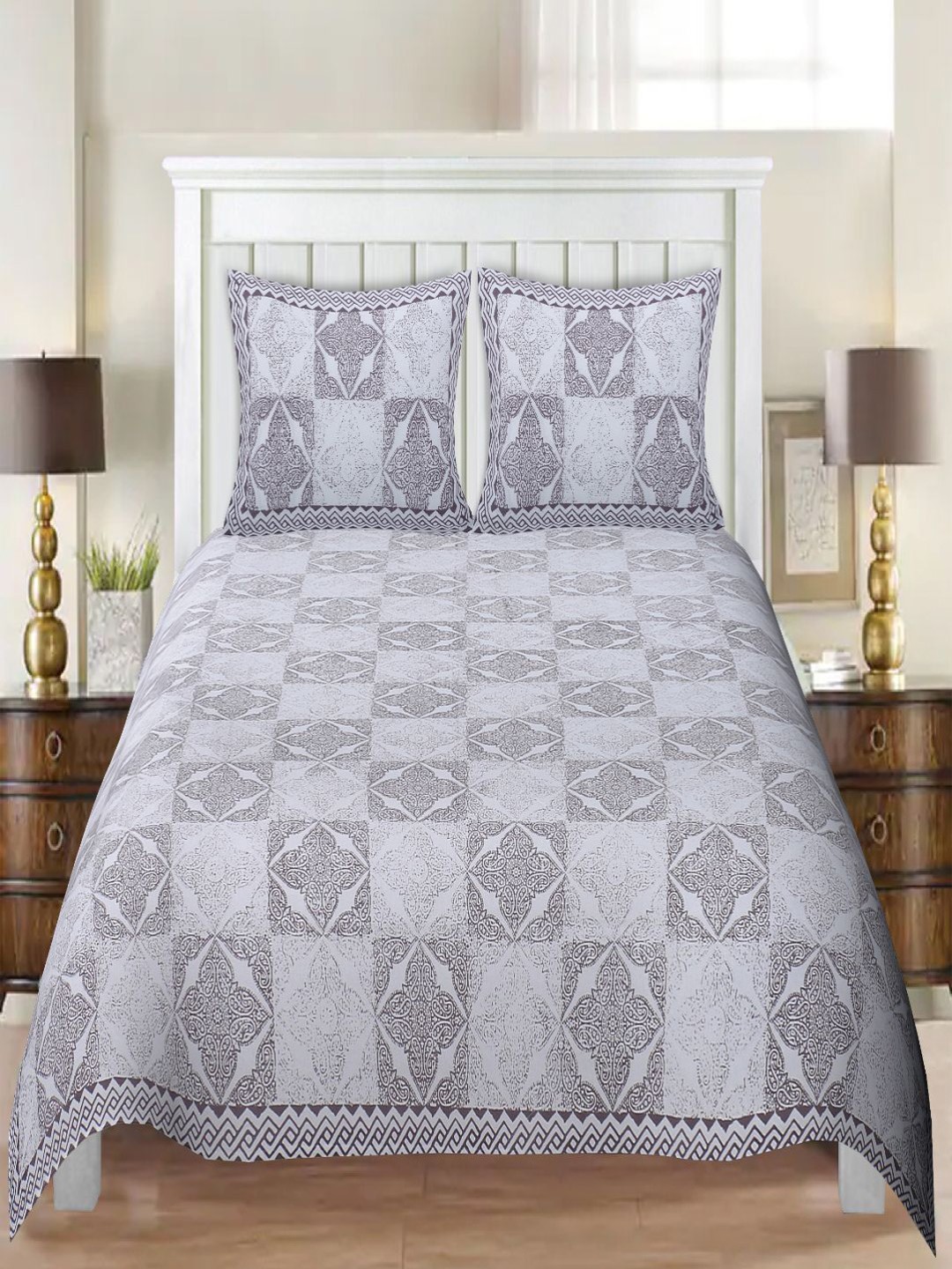 

INDHOME LIFE Grey Ethnic Motifs 220 TC King Bedsheet with 2 Pillow Covers