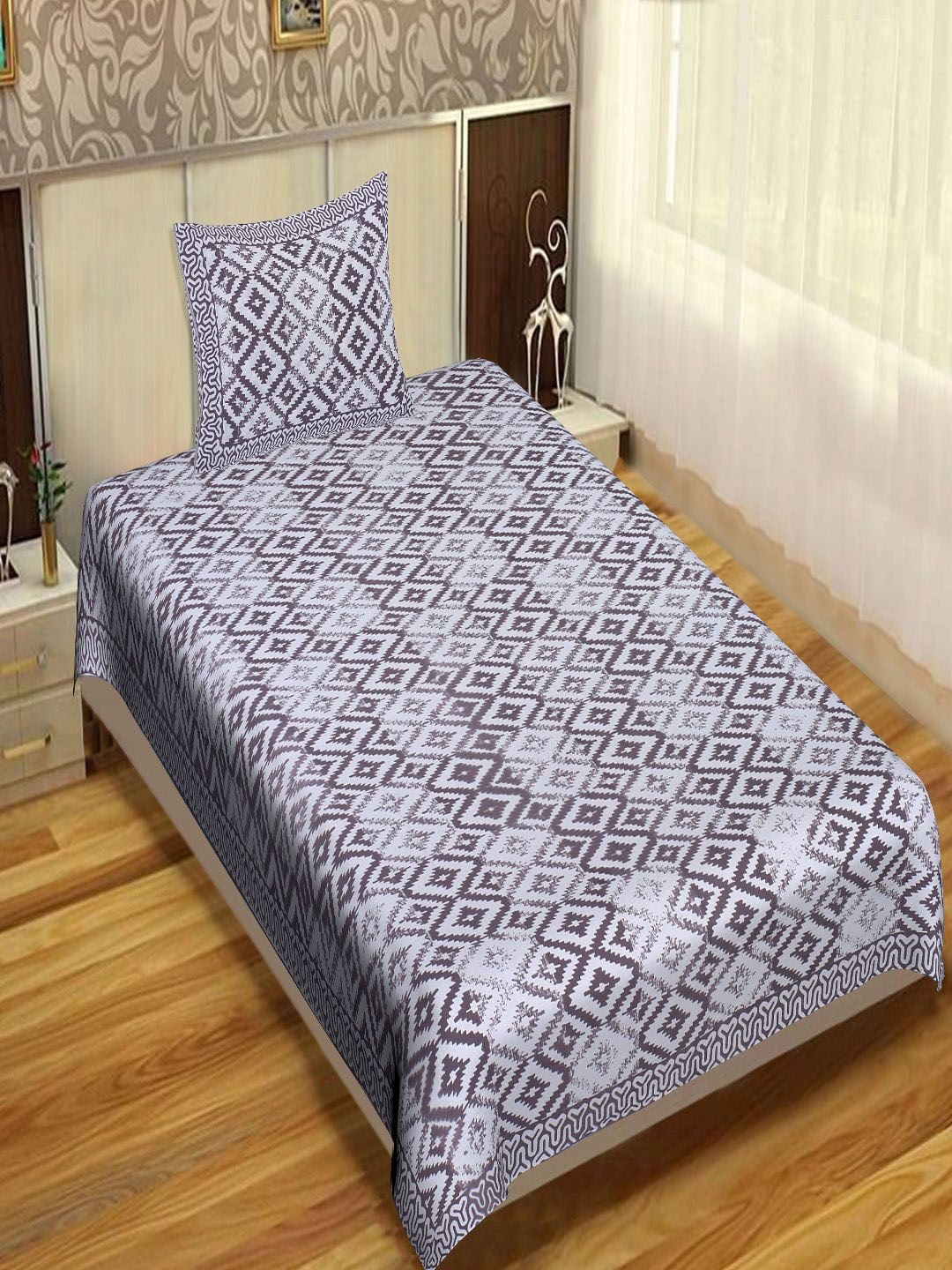 

INDHOME LIFE Grey & Brown Geometric 220 TC Single Bedsheet with 1 Pillow Covers