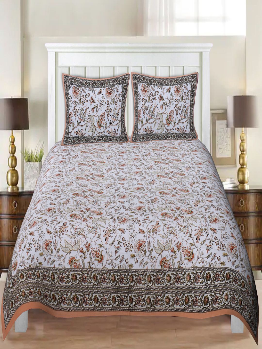 

INDHOME LIFE White & Brown Floral 220 TC King Bedsheet with 2 Pillow Covers