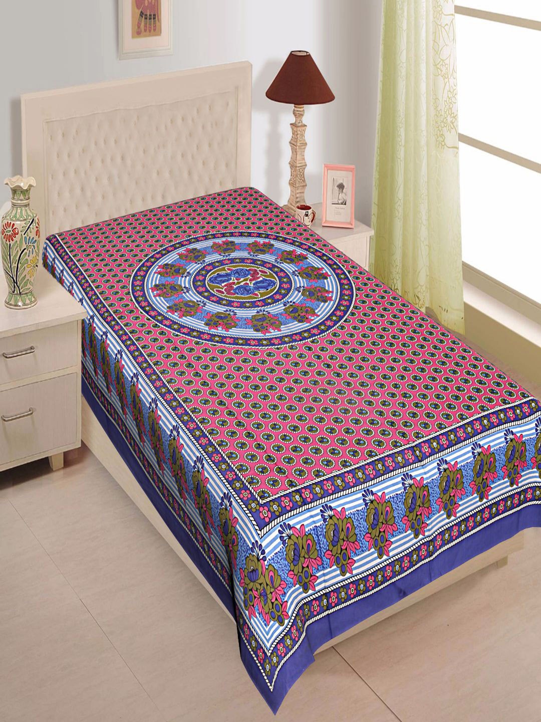 

INDHOME LIFE Blue & Pink Ethnic Motifs 144 TC Single Bedsheet