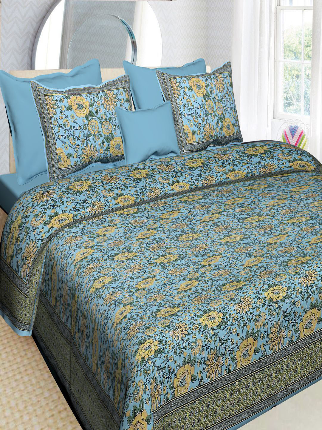 

INDHOME LIFE Unisex Blue & Yellow 220 TC Printed Cotton Bedsheet with 2 Pillow Covers