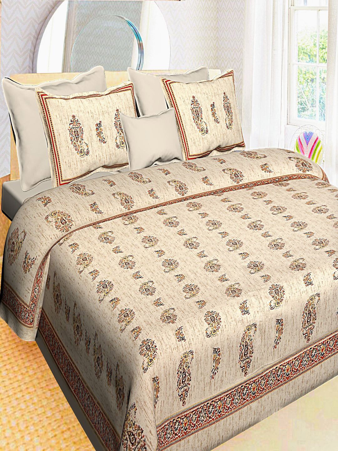 

INDHOME LIFE Unisex Beige & Maroon 220 TC Printed Cotton Bedsheet with 2 Pillow Covers